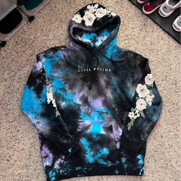 Civil Regime Other - NWOT Civil Regime White Roses Hoodie, Mens Large, Marbled Tie Dye & Embroidered